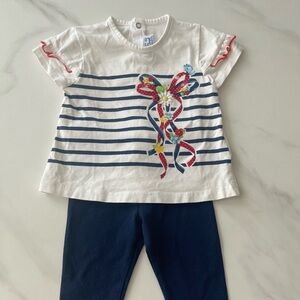Mayoral Striped White and Navy Outfit with Floral Bow and little ladybug